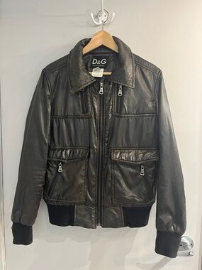 D&G Brown Faux Leather Bomber Coat with Zip Pockets